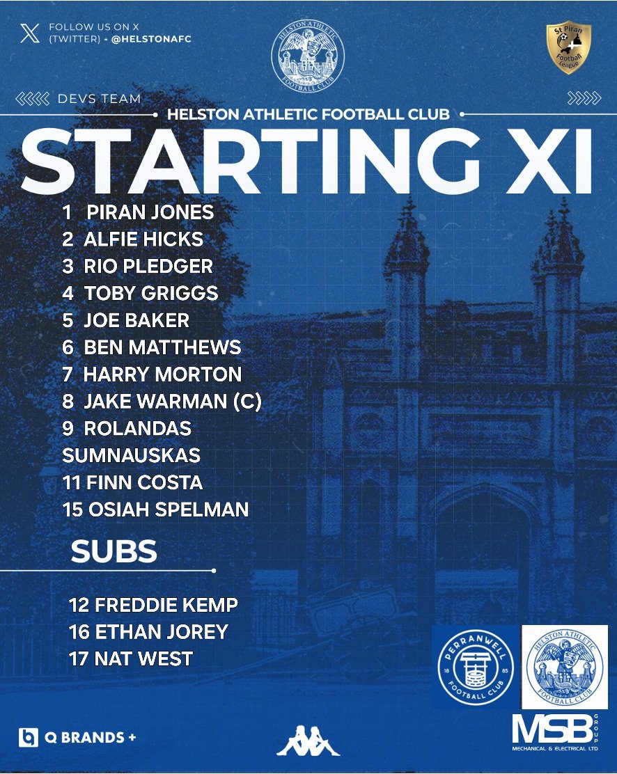 First game of the weekend for Helston. <a href="/HelstonAFC/">Helston Athletic FC</a> Development up against <a href="/PerranwellAFC/">Perranwell AFC</a>. Here's how Bua's Blues line up.
<a href="/Cornishfootball/">Dave Deacon</a> <a href="/cornwallfa/">Cornwall FA</a> <a href="/Goal_Mass/">Steve Massey</a> <a href="/swsportsnews/">South West Sports News</a> <a href="/ThePacket/">Packet Newspapers 〓〓</a> <a href="/StPiranLeague/">Kernow Stone St Piran League</a>