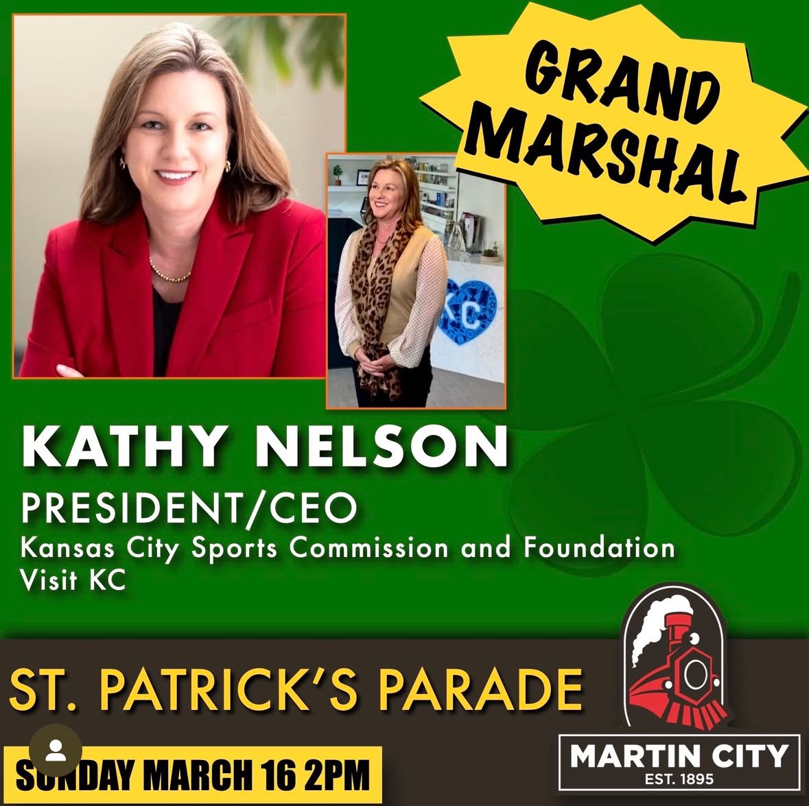 ST. PATTY’S SUNDAY: Join me in <a href="/MartinCityMO/">Martin City Community Improvement District</a> for the annual St. Patrick’s Parade! <a href="/kathynelson_KC/">Kathy Nelson</a> <a href="/SportKC/">KC Sports Commission</a> is our Grand Marshal &amp; <a href="/MarcusOfficer/">Marcus Officer</a> <a href="/fox4kc/">FOX4 News Kansas City</a> one of our judges! A family friendly fun-filled day! ☘️☘️ #StPatricks #MartinCity