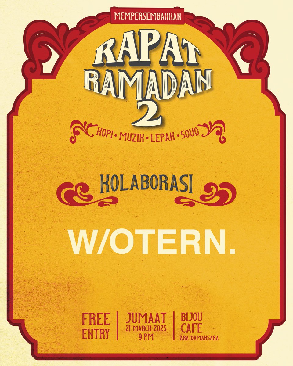 Pitahati's tweet photo. Rapat Ramadan kembali untuk edisi yang ke 2. Kali ini lebih rapat dan lebih berkat bersama kami serta Satwo, Jemput Dengar dan Arish Mikael. Mari raikan Ramadan ini sambil bersantai menikmati pahit manis kopi dan merdu alunan musik bersama teman-teman lama dan baru 🌙✨ https://t.co/8xxhnMDuCU