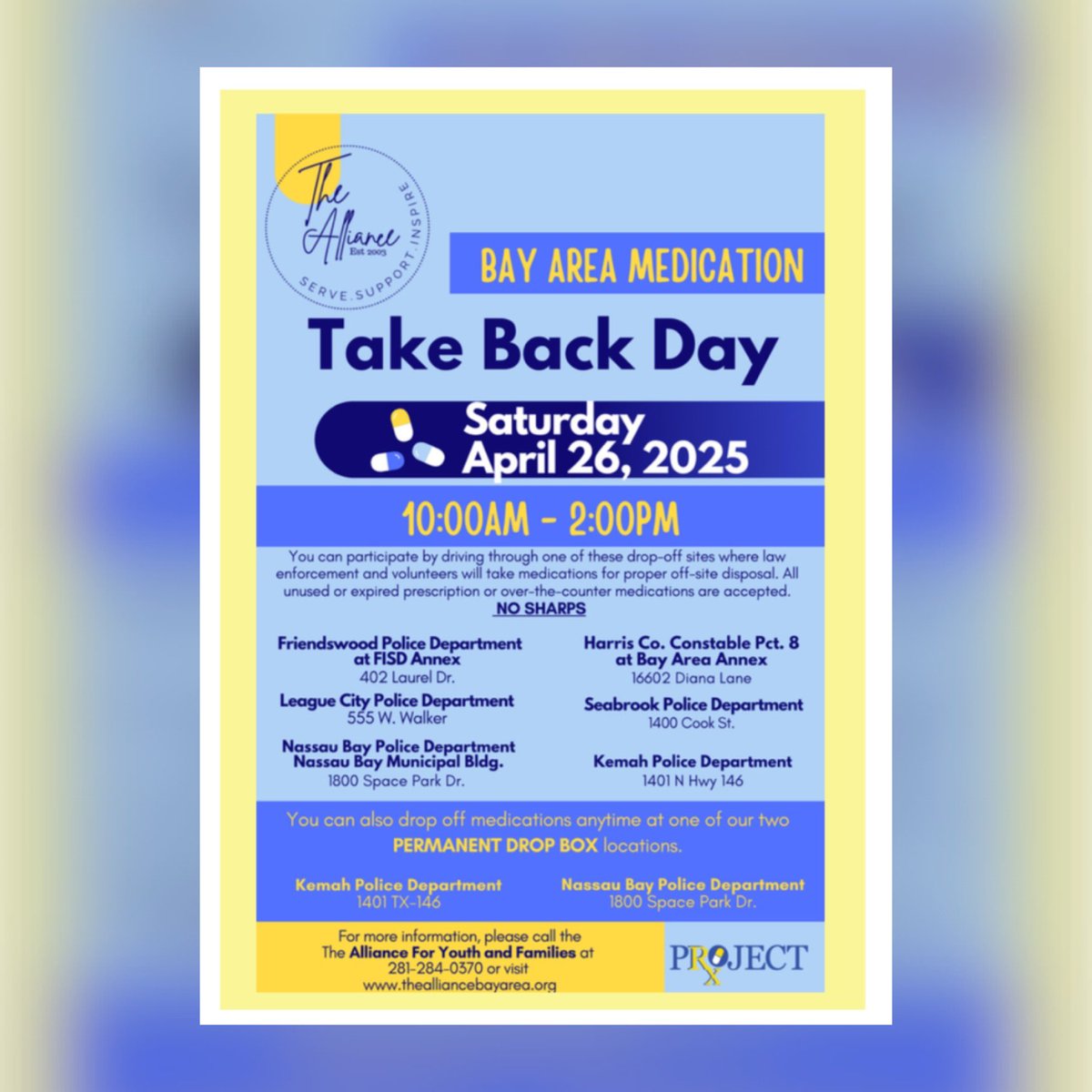 Mark your calendars! 🗓️ The Alliance Takeback Event is happening this April! A great way to keep your home safe and support our community. We love the partnership Clear View High School has with the Alliance! Stay tuned for details. #TakebackEvent #CommunitySafety #ClearViewHigh