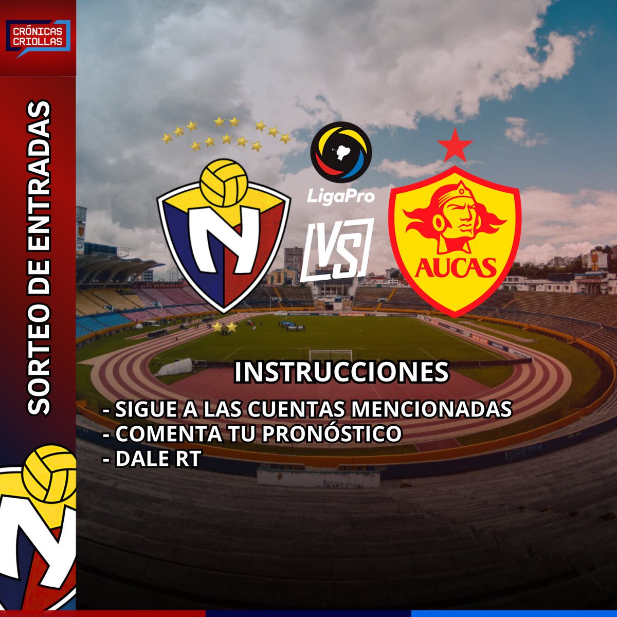 CronicasCriolla's tweet photo. HABEMUS SORTEO 🤩🔴

Estamos sorteando una preferencia para alentar a nuestro amado @elnacionalec en su duelo frente a @Aucas45 gracias a @gatteinz 🙌🔴

Instrucciones 👇🔴

- Sigue a @CronicasCriolla y @gatteinz 
- Comenta tu pronóstico 
- Dale RT 

Mucha suerte 😉🔴 https://t.co/bpquEYLQzR
