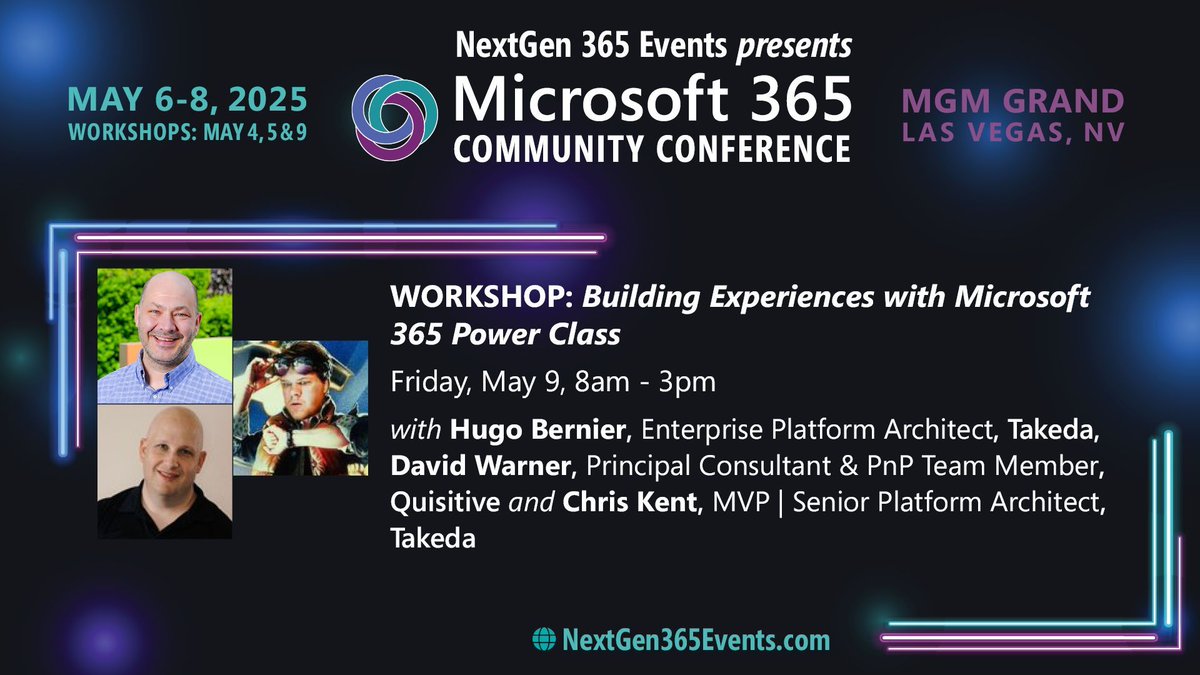 M365CONF's tweet photo. Learn from the best! @theChrisKent, @DavidWarnerII, & @bernierh are hosting a full-day workshop on May 9th. Discover how to build custom solutions with Microsoft 365. Don't miss out! 🚀 Learn More: https://t.co/D6TWL22bqV
#Microsoft365 #CustomDev https://t.co/YgX0TpknTB