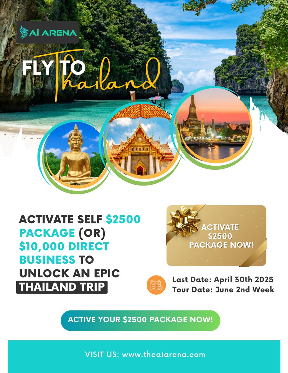 📷 Dream Big, Win a Thailand Trip with Ai Arena! 📷

Activate your $2500 Package &amp; hit $10,000 Direct Business to unlock an epic Thailand getaway! #AiArena #StakeNow #CryptoWealth #Web3  #Blockchain #CryptoInvesting #PassiveIncome #Decentralized #Crypto