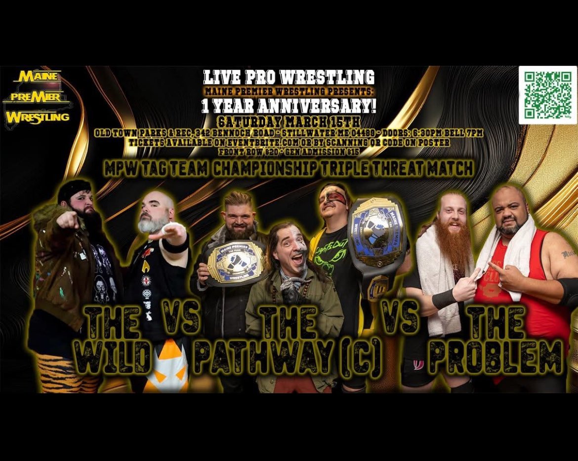 In a Three team Tag match; “The Wild” (<a href="/TylerAddams/">BIG CAT Tyler Addams</a> ,<a href="/DotDNix/">Dylan Nix</a> ) looking to recapture the gold faces “The Problem” (Aftershock Ricker, Jimmy Limits) who’ve made their presence felt since reuniting; must battle with  Champions “The Pathway” (<a href="/MainesRealDeal/">Lee Edward Miller</a> and Samuel Matthews)