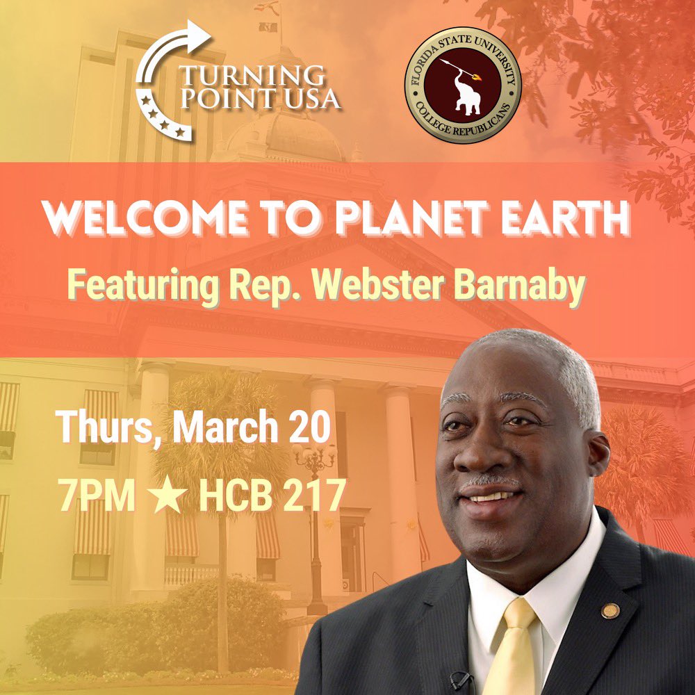 Webster Barnaby (@websterbarnaby) on Twitter photo I am looking forward to speaking with our next generation of conservatives on Thursday, March 20th on FSU’s campus!
I look forward to a great evening with you all!
Thank you to <a href="/RealOwenGirard/">Owen Girard</a> for setting this event up, and the <a href="/FSUGOP/">College Republicans at FSU</a> and <a href="/TPUSA/">Turning Point USA</a> at FSU for hosting me! I am looking forward to speaking with our next generation of conservatives on Thursday, March 20th on FSU’s campus!
I look forward to a great evening with you all!
Thank you to <a href="/RealOwenGirard/">Owen Girard</a> for setting this event up, and the <a href="/FSUGOP/">College Republicans at FSU</a> and <a href="/TPUSA/">Turning Point USA</a> at FSU for hosting me!