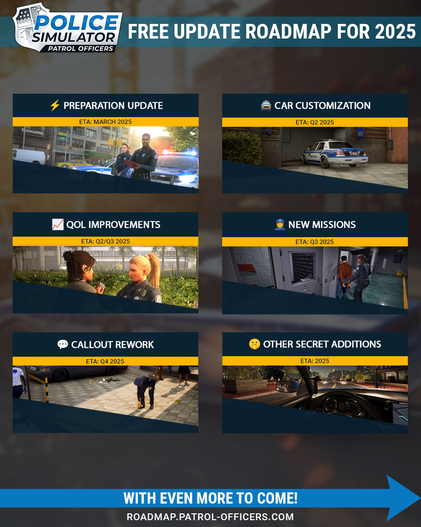A whole year of FREE updates is coming ✨

🚔 Patrol Car Customization
📈 Quality-of-Life Improvements
⚙️ BUG FIXES
👮 New Missions
💬 Callout System Rework
🤫 Other Secret Additions
🔥 ... and more!

All in 2025! Learn more:
🔗 store.steampowered.com/news/app/99701…