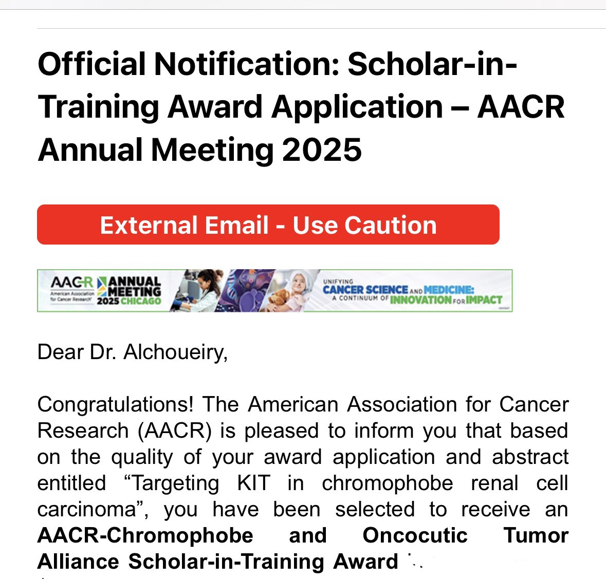 Michel AlChoueiry (@malchoueiry) on Twitter photo Excited to share that I have received the Scholar-in-Training Award from <a href="/AACR/">AACR</a> - <a href="/kidneycoa/">COA - Chromophobe and Oncocytic Tumor Alliance</a> for our abstract at #AACR25 on targeting KIT in chRCC.
Thankful for the support from <a href="/LisaHenske/">Lisa Henske</a>, <a href="/BrighamResearch/">Brigham and Women’s Research</a> and of course <a href="/kaydaustin/">Katie Coleman</a> !
See you in Chicago. Excited to share that I have received the Scholar-in-Training Award from <a href="/AACR/">AACR</a> - <a href="/kidneycoa/">COA - Chromophobe and Oncocytic Tumor Alliance</a> for our abstract at #AACR25 on targeting KIT in chRCC.
Thankful for the support from <a href="/LisaHenske/">Lisa Henske</a>, <a href="/BrighamResearch/">Brigham and Women’s Research</a> and of course <a href="/kaydaustin/">Katie Coleman</a> !
See you in Chicago.