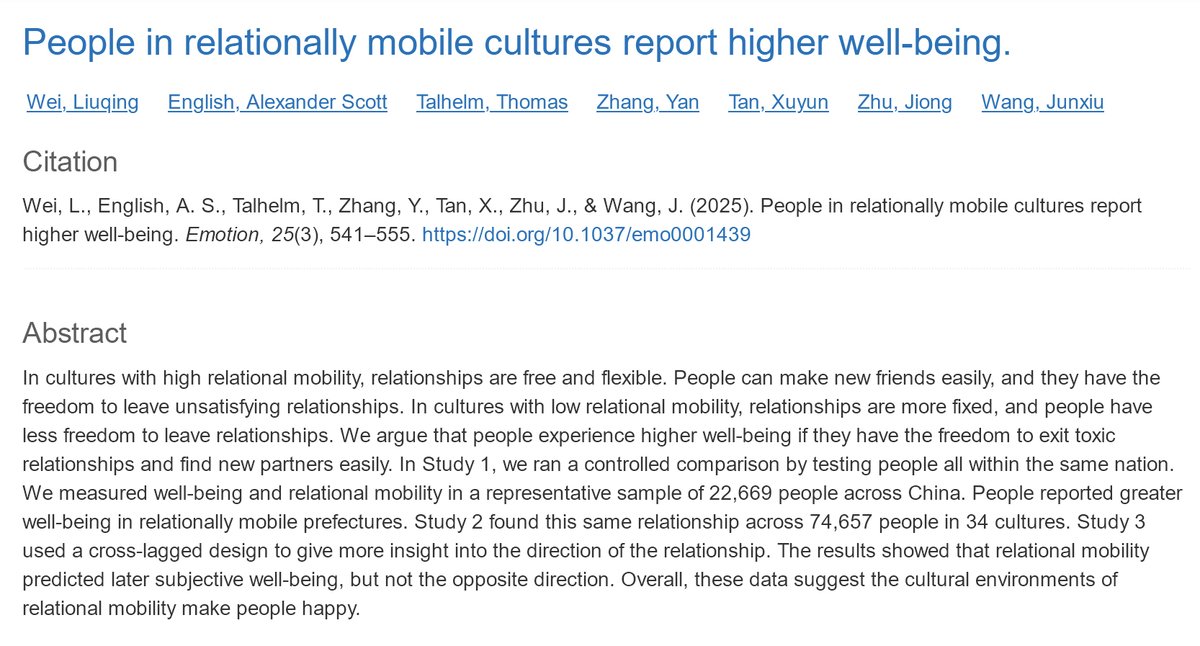 AdamMGrant's tweet image. Happiness depends on the freedom to exit toxic relationships and enter healthy ones.

97k people, 34 countries: Well-being is higher when changing groups, friends, and partners is easy and acceptable.

A vital form of liberty is the ability to choose the people in our lives.