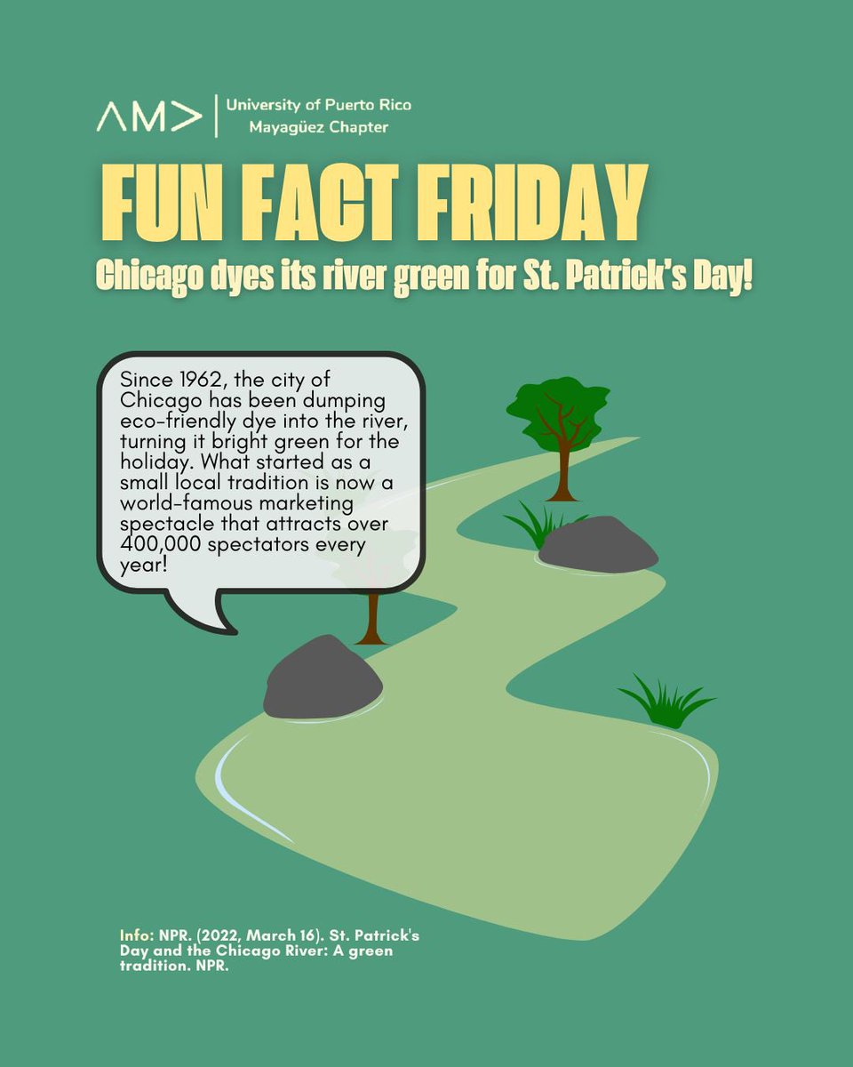 Since 1962, Chicago has been turning its river green for St. Patrick’s Day! What started as a small tradition is now a global spectacle, drawing over 400,000 spectators each year. Talk about a marketing win! 🌟🍀 

#ama #amauprm #adem #ademuprm #stpatricksday #marketing #college
