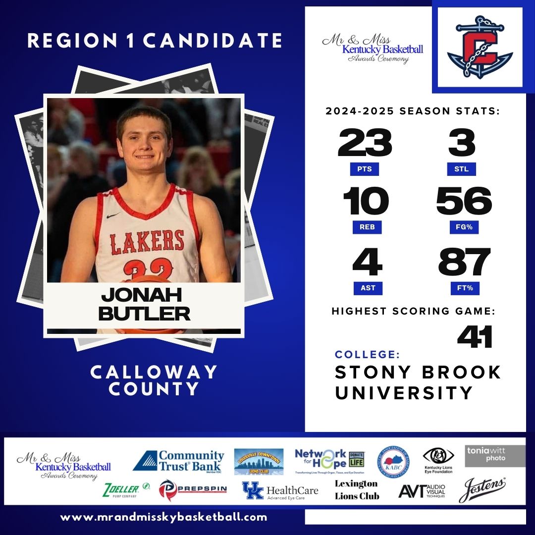 We're officially counting down the days until the 2025 Mr. &amp; Miss KY Basketball Awards Ceremony on March 16th! Today we're 1 day away, so we'll begin the countdown starting with Region 1 and Jonah Butler from Calloway County.  Follow along each day.