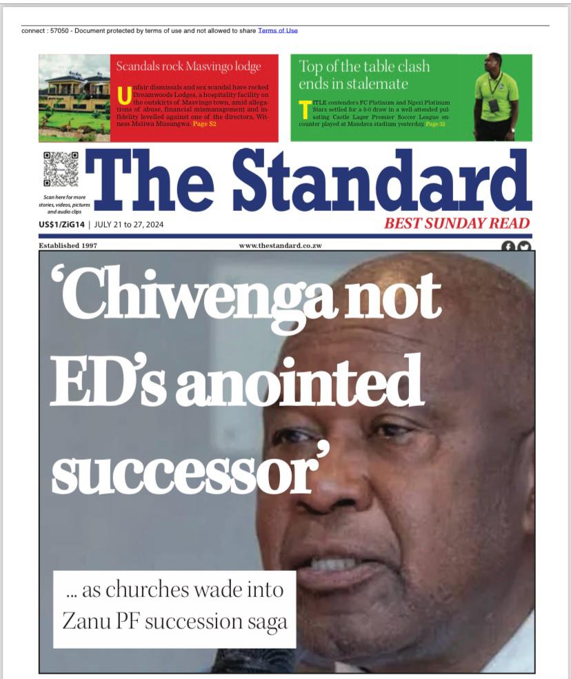 comrademogo's tweet photo. @advocatemahere @nickmangwana The Standard of July 21 to 27 2024 ran this story 

Mutsvangwa has been consistent in his message not sure how u missed Advocate https://t.co/4sIcWFGLPN