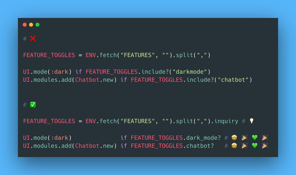RubyCademy's tweet image. Take advantage of `Array#inquiry` for more expressive and idiomatic code! 😊

For example, here we use it to simplify feature toggling by avoiding constantly writing `include?(&apos;feature_name&apos;)`. 

#rubyonrails #activesupport