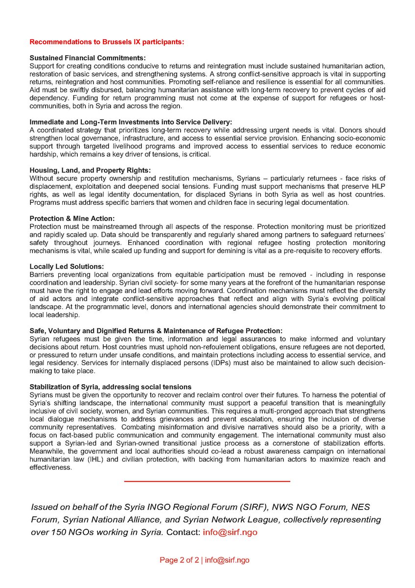As violence escalates and funding declines, Syrians need long-term support now more than ever. Brussels IX must deliver concrete actions for sustainable recovery and protection of Syrian rights.
