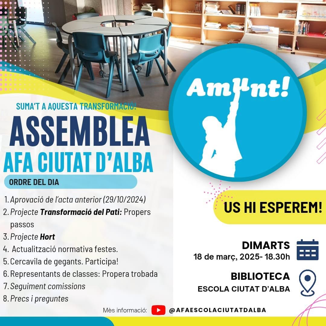AFA Escola Ciutat d'Alba (@ampacdalba) on Twitter photo Famílies! Ja tenim aquí la segona assemblea del curs 2024-2025!
Us animem a tots i totes a venir i a participar-hi!
Us hi esperem el proper dimarts 18 a les 18.30 a la biblioteca de l'escola!
Bon cap de setmana! Amunt! <a href="/eciutatdalba/">Escola Ciutat D´Alba</a> Famílies! Ja tenim aquí la segona assemblea del curs 2024-2025!
Us animem a tots i totes a venir i a participar-hi!
Us hi esperem el proper dimarts 18 a les 18.30 a la biblioteca de l'escola!
Bon cap de setmana! Amunt! <a href="/eciutatdalba/">Escola Ciutat D´Alba</a>