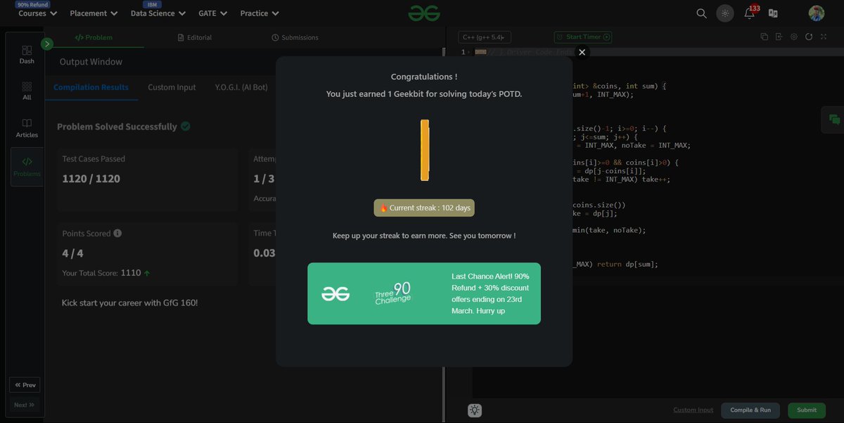 khushalmajoka's tweet photo. Day 121 of #geekstreak2024
๐น Solved Coin Change (Minimum Coins)
๐น Used Bottom-Up DP to find the minimum coins required.
๐น Time: O(N * sum), Space: O(sum).
#gfg160 #DP #CoinChange #Coding https://t.co/JZXGvERkpj
