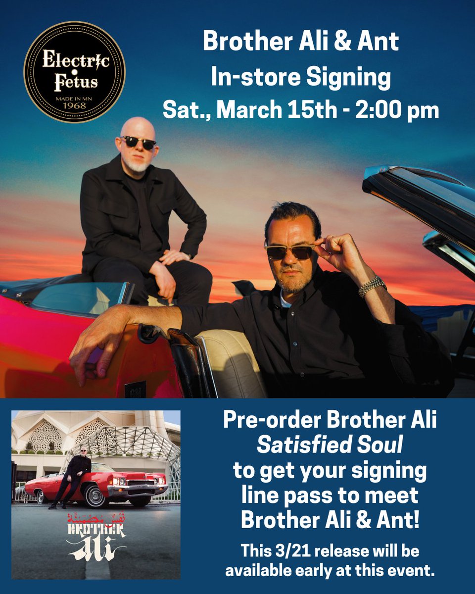 Electric Fetus MPLS (@efetusmpls) on Twitter photo Today! <a href="/BrotherAli/">Brother Ali</a> and Ant will be here at 2pm to sign copies of Satisfied Soul. Web ordering available until 1pm. After that, visit the music counter to buy your vinyl or CD to get a signing line pass. This is 6 days before its official release!
electricfetus.com/NewsItem/11380 Today! <a href="/BrotherAli/">Brother Ali</a> and Ant will be here at 2pm to sign copies of Satisfied Soul. Web ordering available until 1pm. After that, visit the music counter to buy your vinyl or CD to get a signing line pass. This is 6 days before its official release!
electricfetus.com/NewsItem/11380
