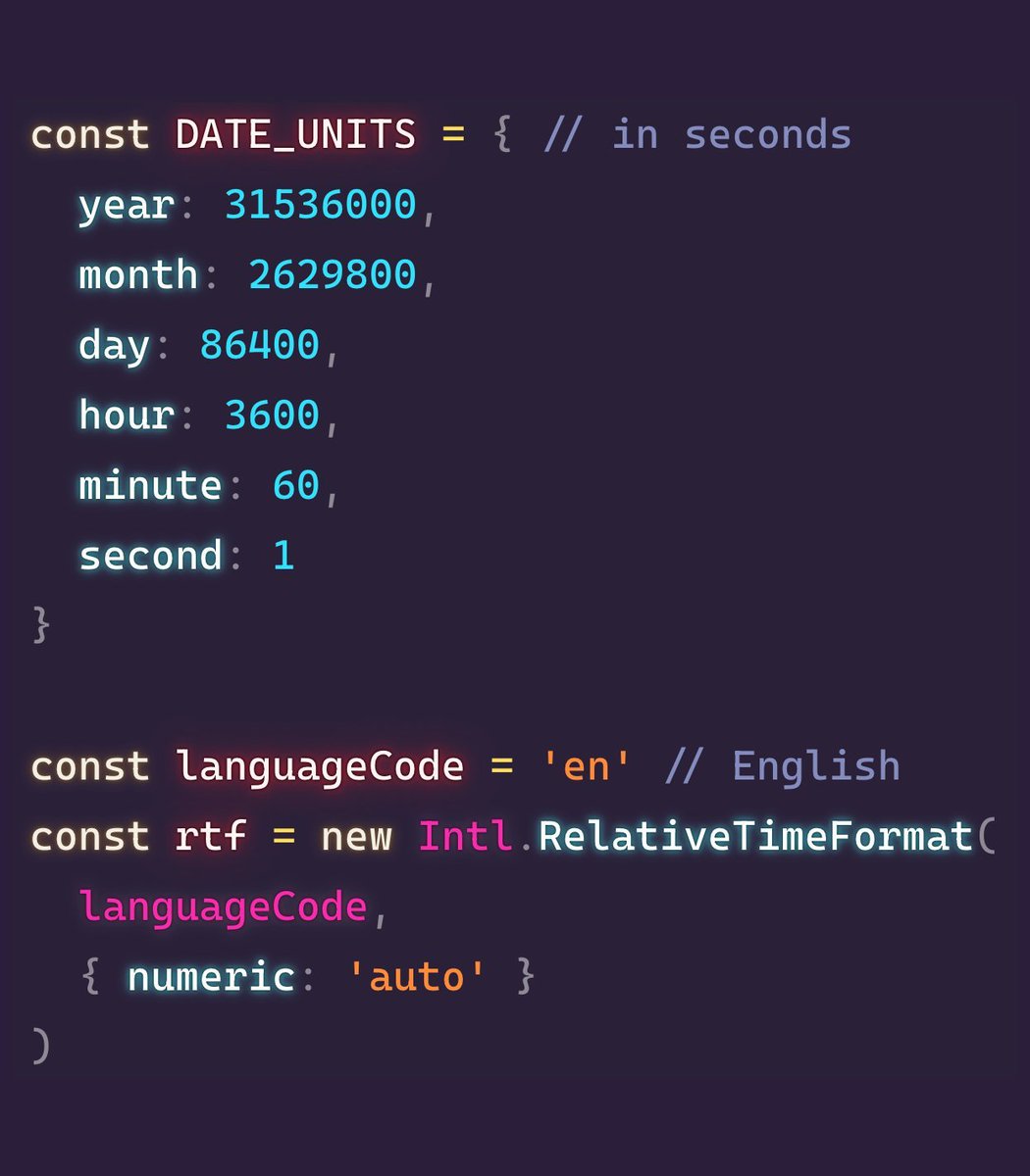midudev's tweet image. ¡No uses dependencias para hacer esto en JavaScript!

Crea tiempos relativos en cualquier idioma con Intl.

Le pasas un timestamp y te dice cuánto tiempo pasó:
"Hace 3 horas", "7 months ago", "Hace 12 segundos"...

En menos de 30 líneas de código: