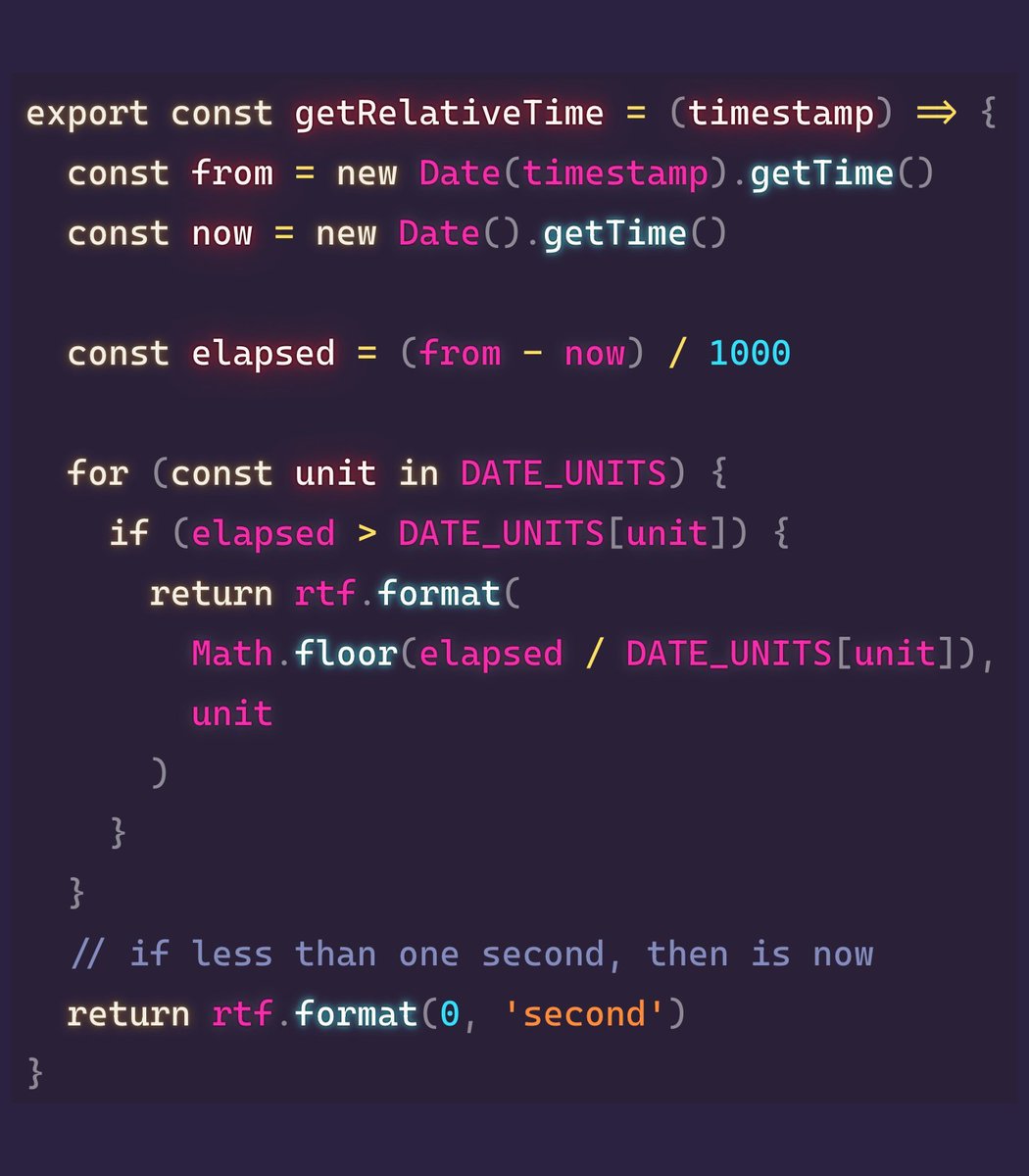 midudev's tweet image. ¡No uses dependencias para hacer esto en JavaScript!

Crea tiempos relativos en cualquier idioma con Intl.

Le pasas un timestamp y te dice cuánto tiempo pasó:
"Hace 3 horas", "7 months ago", "Hace 12 segundos"...

En menos de 30 líneas de código: