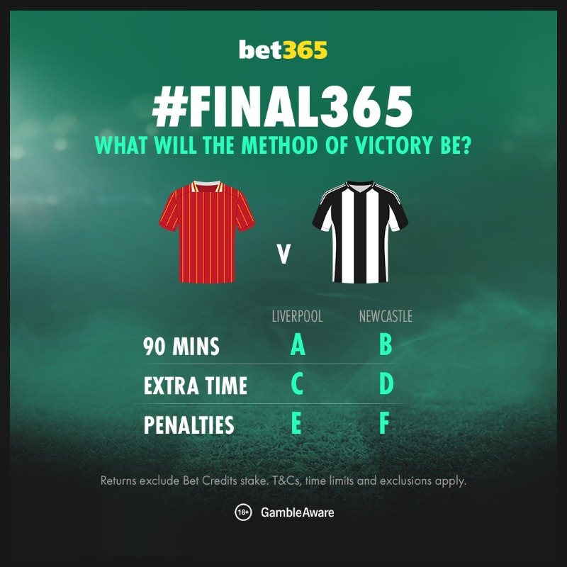 bet365's tweet photo. £50 in Free Bets to be won!

What will the Method of Victory be in the EFL Cup final?

Reply with A, B, C, D, E or F &amp; include #Final365 in your entry.

Entrants must have a fully verified bet365 account to claim a prize.

T&amp;Cs apply.