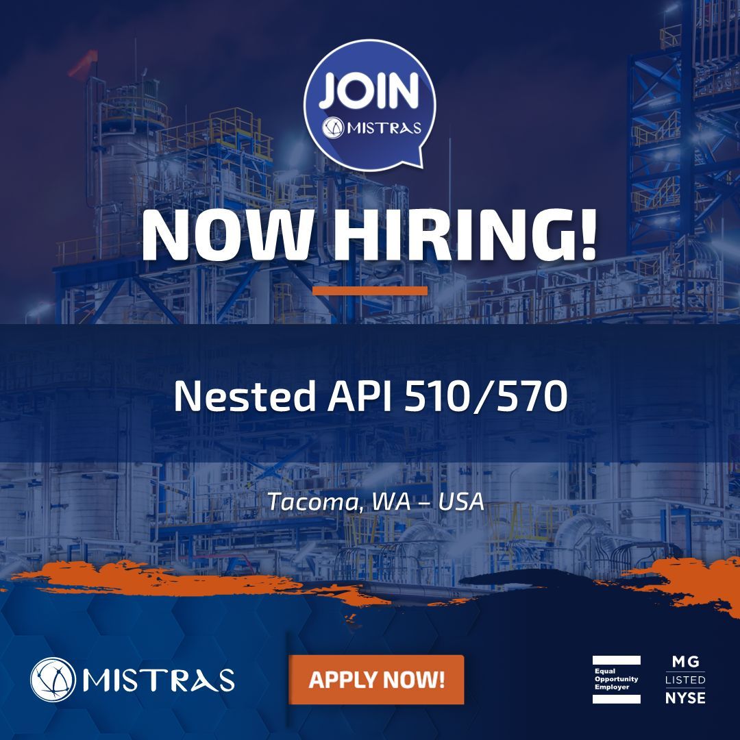 MISTRAS (NYSE: MG) is on the lookout for a nested API 510/570 Technician in Tacoma, WA – USA. Apply here for this great opportunity! buff.ly/4f7Zgwg

#TIC #Testing #Inspection #Certification #Compliance #API #Hiring