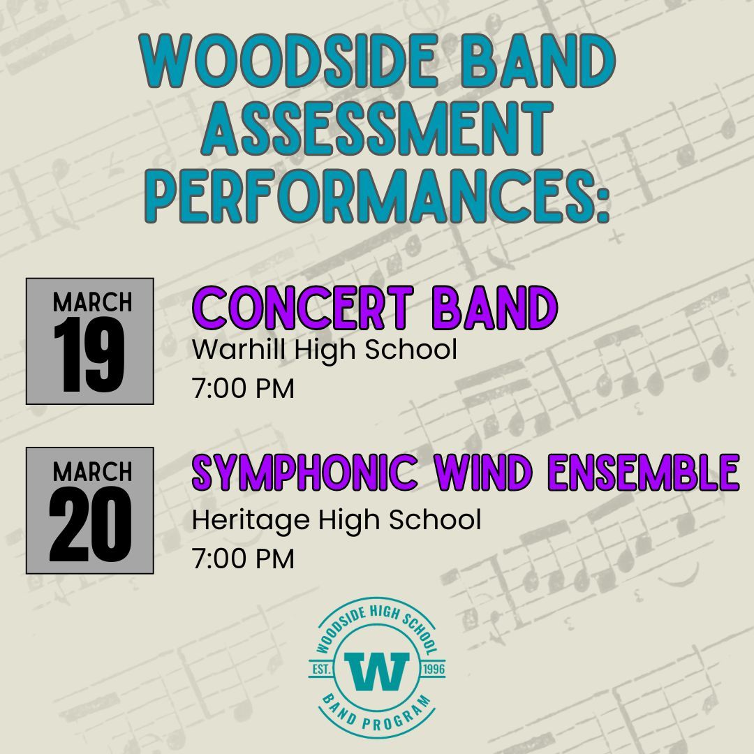 Woodside_Band's tweet image. Come out &amp;amp; listen to our bands perform at District 8 Concert Assessment next week!
Our students would love to have your support. 
Concert Band performs at Warhill on 3/19 @ 7:00 PM.
Symphonic Wind Ensemble performs at Heritage on 3/20 @ 7:00 PM.
#miosm
#woodsideband
#NNPSArts