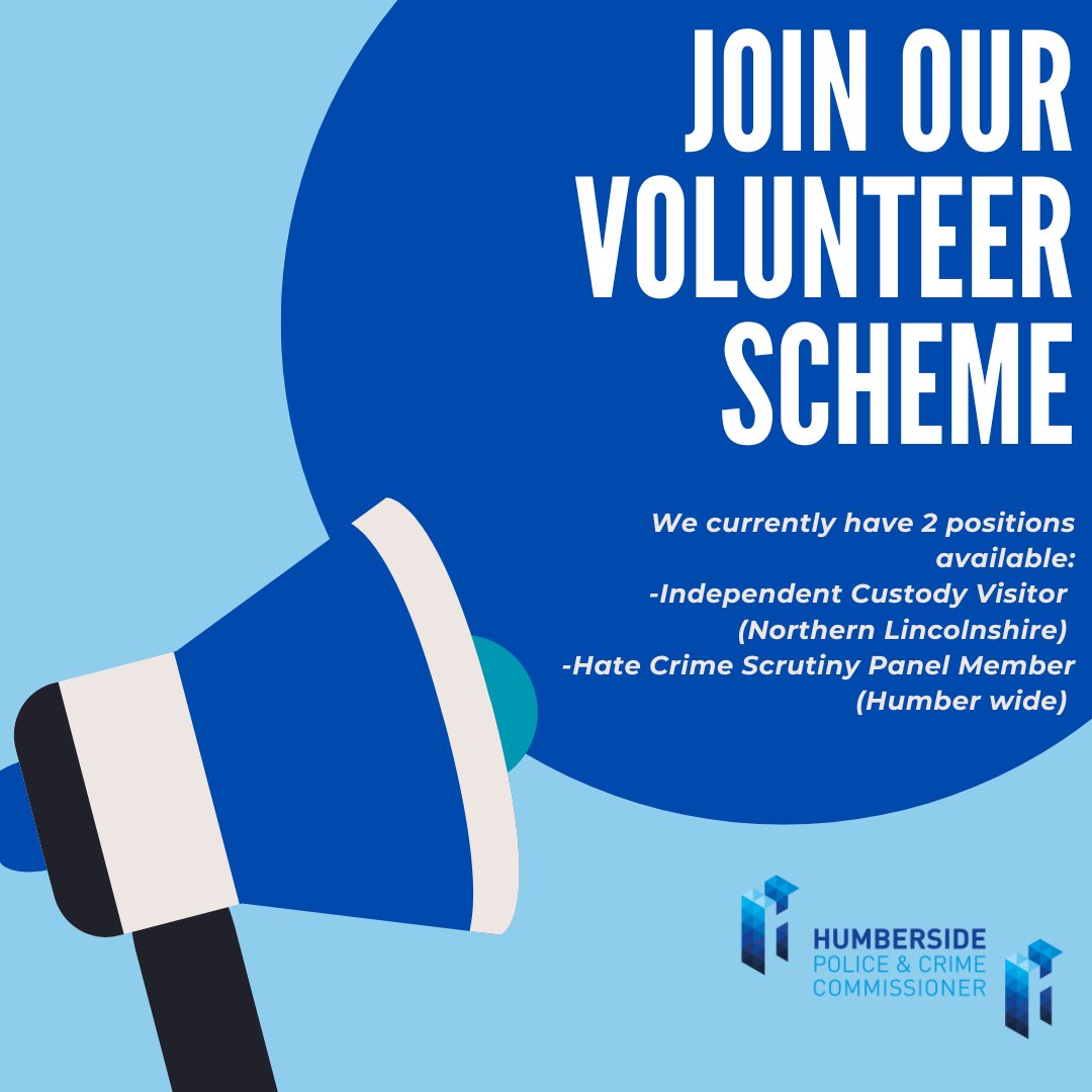 We are looking for individuals to join our Volunteer scheme! 

🔎 Independent Custody Visitor
📚 Hate Crime Scrutiny Panel Member

To find out more about the roles visit ow.ly/Owq250VaQeW