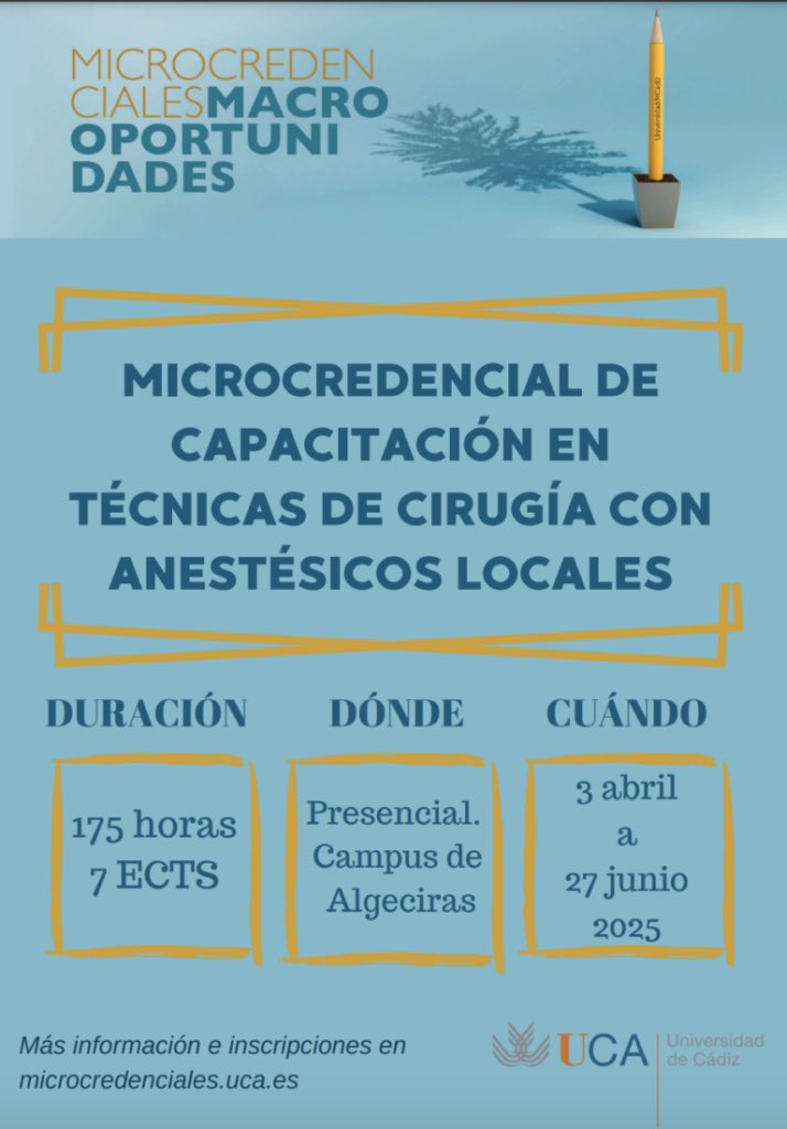 Noticia: Periodo abierto de preinscripción y matrícula para la “Microcredencial de capacitación en técnicas de cirugía con anestésicos locales” 

Toda la información: formacion.fueca.es/?curso=pwu2522…

Notica: enfalgeciras.uca.es/noticia/period…