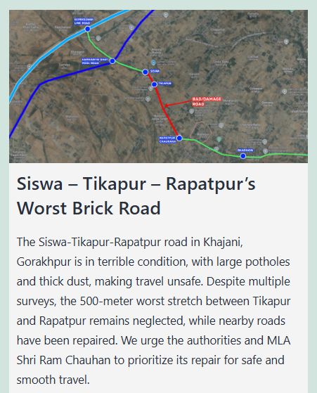 PradeepRMistry's tweet photo. To, 
@Dm_Gorakhpur  @uppwdofficial, @myogiadityanath @UPGovt @BJP4UP @CMOfficeUP  The Siswa-Tikapur-Rapatpur road in Khajani, Gorakhpur is in terrible condition.  Khadanja-Road, Request to repair. Check Map Below. More info: https://t.co/hyaTvqhT6i 

@AnupKum35406191 https://t.co/OP9X8O5fos
