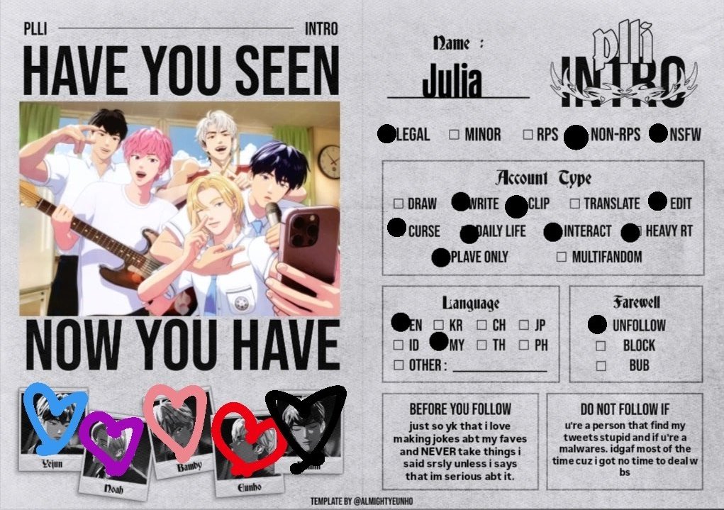 starryjunlie's tweet image. HEEYYYY so im updating my plli intro cuz i've notice that i keep forgetting to highlight the things i did, here's the new one 🤭 to my non moots, pls don't be scared im lowk chill and hmu fyne shyt 💋💋
#plli_intro 
#plli