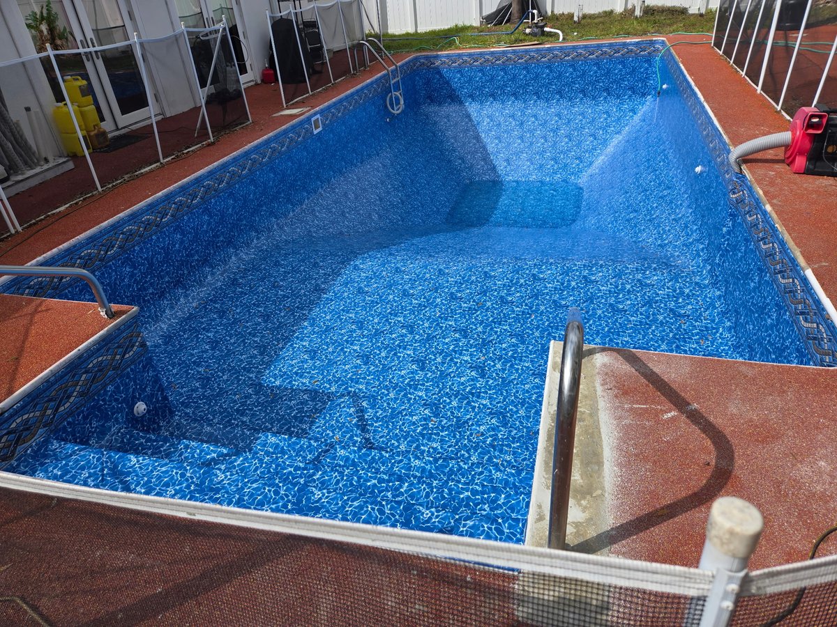 ppalmpools's tweet image. Just wrapped up restoring a hurricane-damaged pool. Our customer reached out to us after the storm had its way with their pool. We removed the old liner, dried the area, Repaired and installed a new Panama Royal Prism pattern vinyl - a Latham Liner. #PoolRestoration #StormDamage