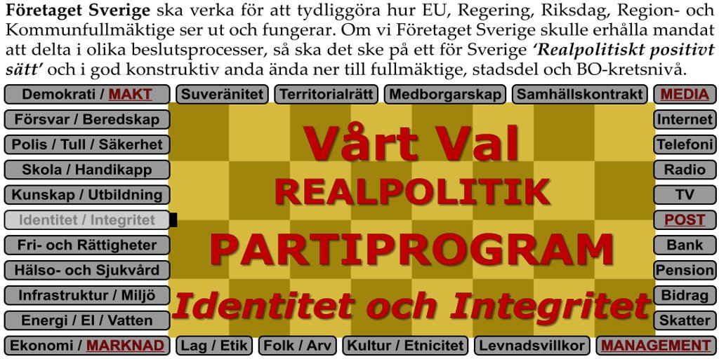 FSredaktionen's tweet photo. Vi vet såklart alla vem vi är, men kanske inte ändå, vad bestämmer det? Identitet är inte bara Medborgarskap och ID-handlingar, och Integritet inte enbart så som du vill uttrycka dig. Som svensk, vem är du då? https://t.co/cWgunl8MU5 #valet2026 #bostad #bopol #svpol #svpolitik
Den du är, om du är svensk eller en annan nationalitet, har ingenting med Pass, eller Medborgarskap, att göra. Den du är har med ditt ’innersta själv’ att göra, inte den andra säger och vill att du ska vara! ’Integritet’ har med att kunna uttrycka sitt innersta själv utan att bli mobbad.
Realpolitik menar att alla har rätt till ’Integritet’ och ’en Identitet’, vilket gäller ’antingen man eller kvinna’ med. ’Handikapp’ vad gäller kön, har med sjukvård att göra. Företaget Sverige respekterar alla nationaliteter. Som ’Svensk Medborgare’ emotses att du också uppför dig så!