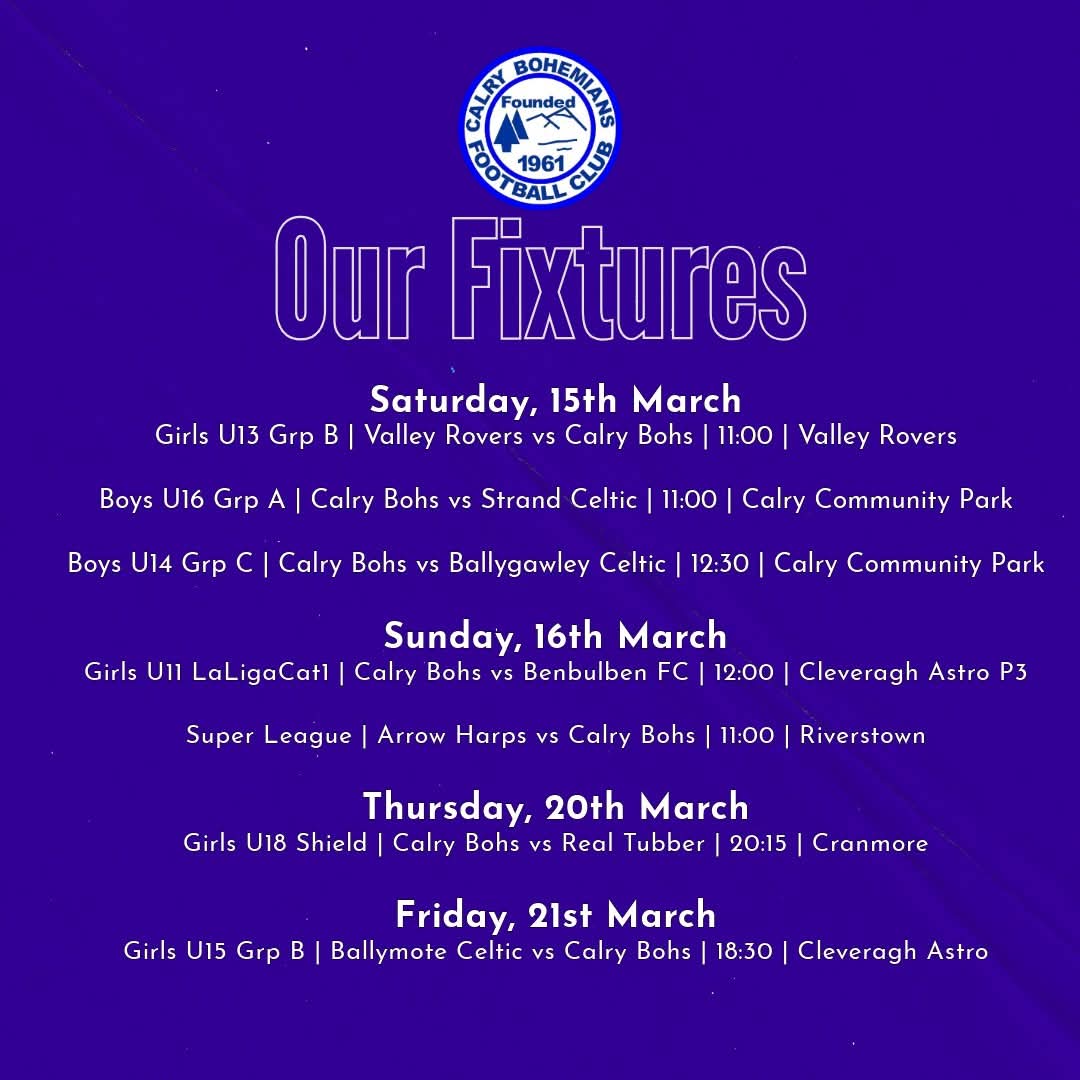 🟦⬛⚽Our fixtures from 14/3/25 - 21/3/25⚽ ⬛⬛
Our Weekly Lotto Draw takes place this Sunday details are here now👉 calrybohs.ie/clublotto/
Good luck, and thank you to all the players, coaches and supporters who have already signed up.👏👏👏 #WeAreBohs