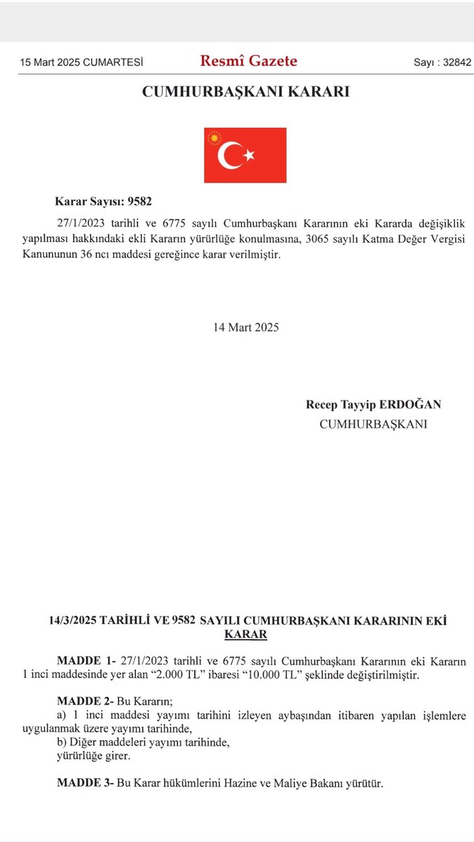 mhmtksmz63's tweet photo. -Vergi mükelleflerin iade hakkı doğuran işlemlerine ilişkin olarak kdv iade talebinde bulunulabilecek asgari tutar 2000 TL den 10000 TL ye çıkarıldı.
-Böylece aylık 10000 TL nin altında nakden veya mahsuben KDV iadesi yapılamayacak. https://t.co/kzSB5tsbIh