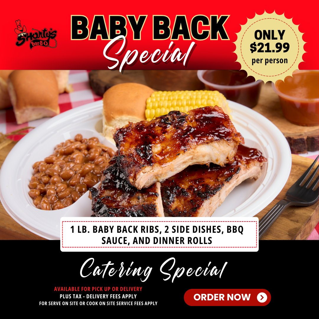 ShortysBarBQ's tweet photo. Big flavor, even bigger deal! 🍖🔥 Shortys Baby Back Special is here—1 lb. of mouthwatering baby back ribs, 2 tasty sides, smoky BBQ sauce, and warm dinner rolls, all for just $21.99 per person! 🥹💸 Don’t miss out on this BBQ steal! #ShortysBBQ #RibsAndMore #DinnerDoneRight https://t.co/eO7PaGKLhm