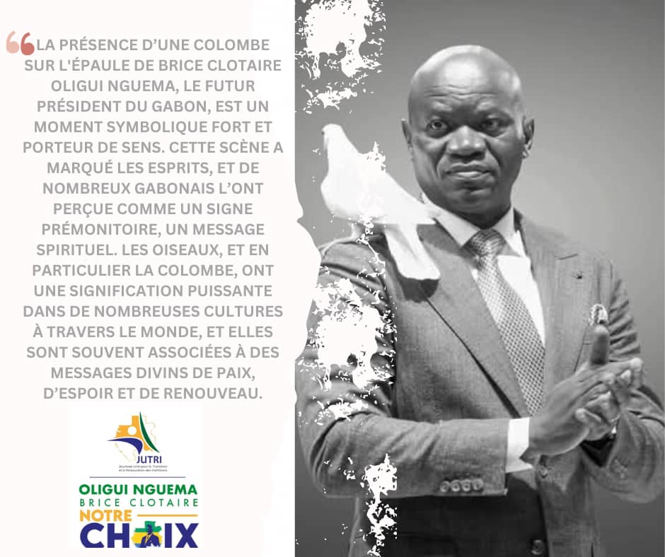 La présence d’une colombe sur l'épaule de <a href="/oliguinguema/">Brice Clotaire Oligui Nguema</a>, le futur président du Gabon, est un moment symbolique fort et porteur de sens. Cette scène a marqué les esprits, et de nombreux Gabonais l’ont perçue comme un signe prémonitoire, un message spirituel.