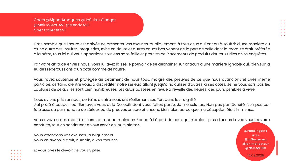 A l'attention de:
<a href="/SignalArnaques/">Signal-Arnaques</a> <a href="/JeSuisUnDanger/">Iamnotyou</a> <a href="/MelCollectifAVI/">Mel</a> <a href="/MendoAvi/">—Mendoza—.•*: •.*:•*✨</a> 

<a href="/collectifAvi/">Collectif AVI</a>
🔽