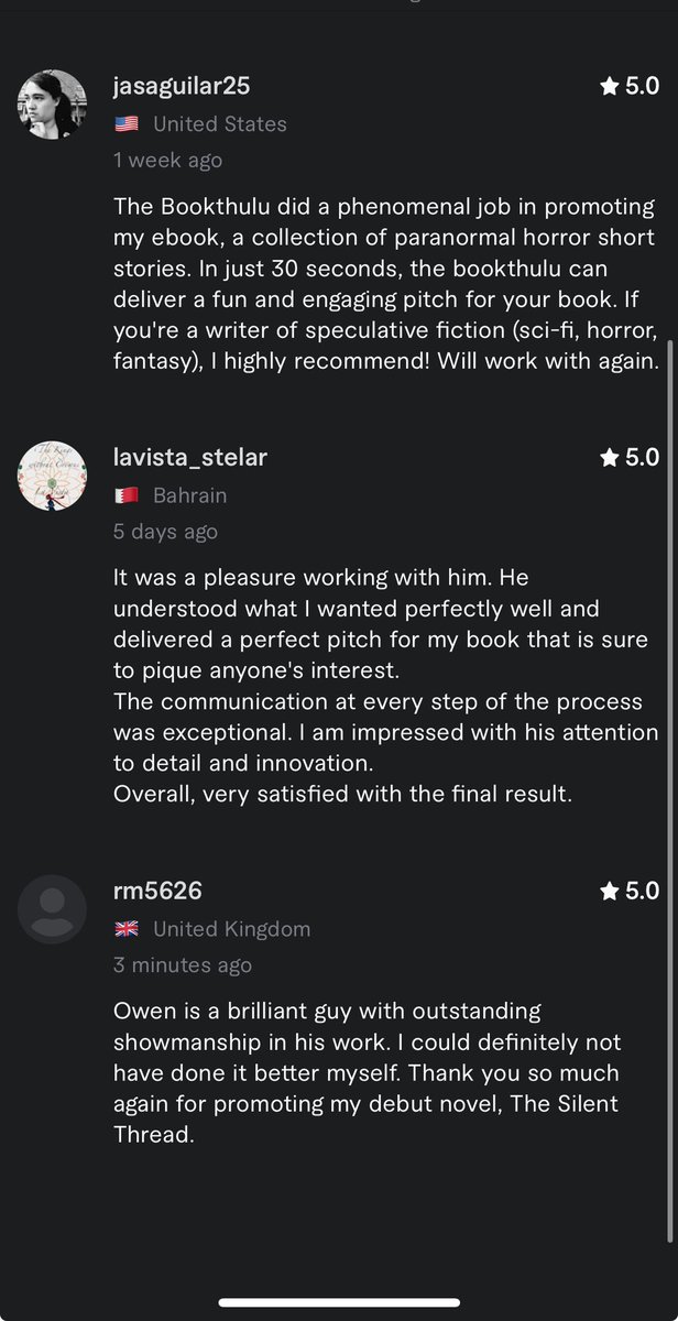 bookthulu's tweet photo. Another 5 star review from an awesome customer :)

WRITERS! Want your book pitched like in this video?
#WritingCommunity #amwriting #bookboost #WritersLift #indieauthors #authors #fantasybooks #scifibooks #WriterLife https://t.co/p7Zdb8jvIq