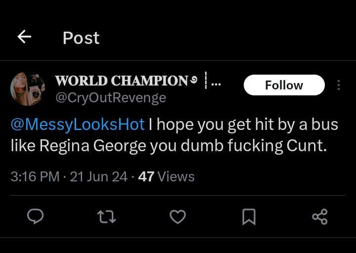 MessyLooksHot's tweet image. I actually screenshot that she did threat me and I still have it. 
She doesn&apos;t have the username 

@x you should know about it but I guess you don&apos;t care to suspended her. Suspended her for threat. I&apos;m not okay with it that she is still here and do harassing, bullying people.