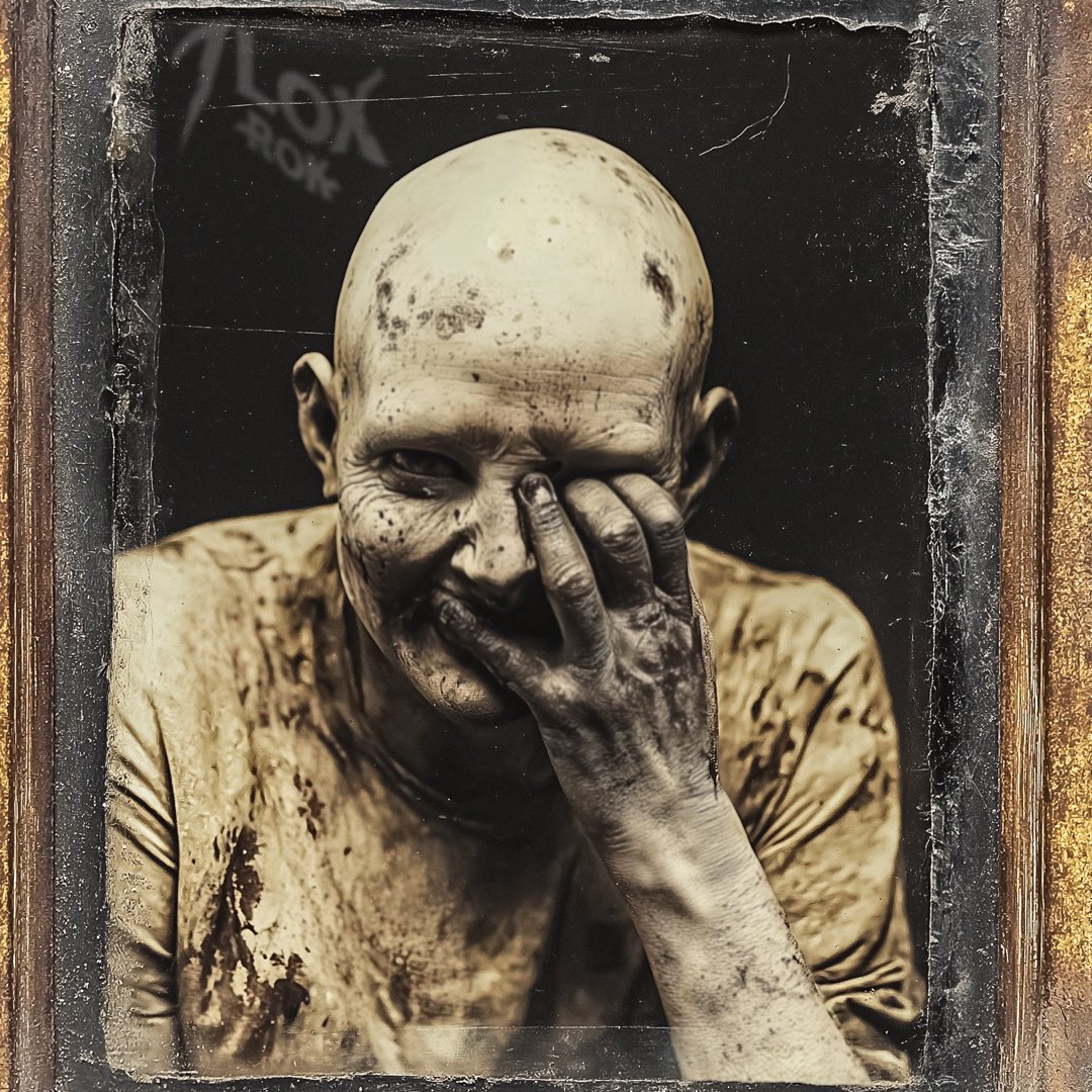This Victorian photo shows an asylum patient suffering Veilborn  Melancholia, a strange affliction that gradually erodes  the mind. The unfortunate souls become overwhelmed by unnatural  shyness, hiding their faces, as though shielding  themselves from something unspeakable.