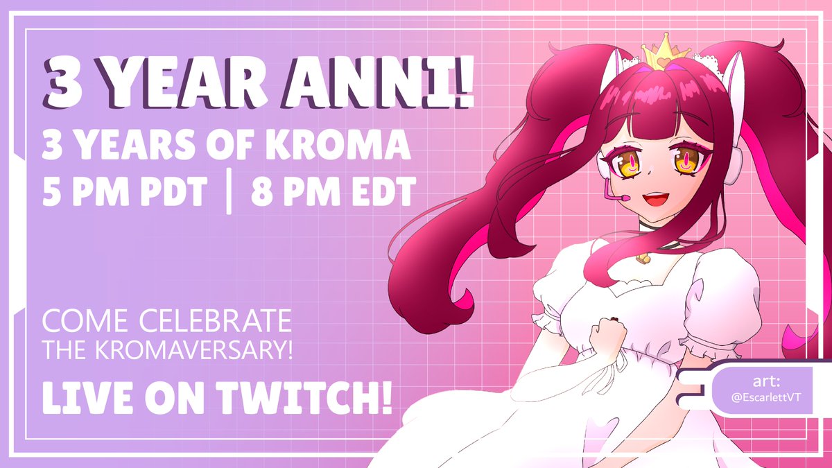 kromatikaVT's tweet photo. ✦ 3 YEAR KROMAVERSARY ✦

The Color Space has been around for three years!! Can you believe it? 

Come hang out with me, even for a little tonight at 5 PM PDT! I'm also still pushing for 1k on Twitch!

→ https://t.co/pzqZIBAz2O https://t.co/xDCvvWvE2o