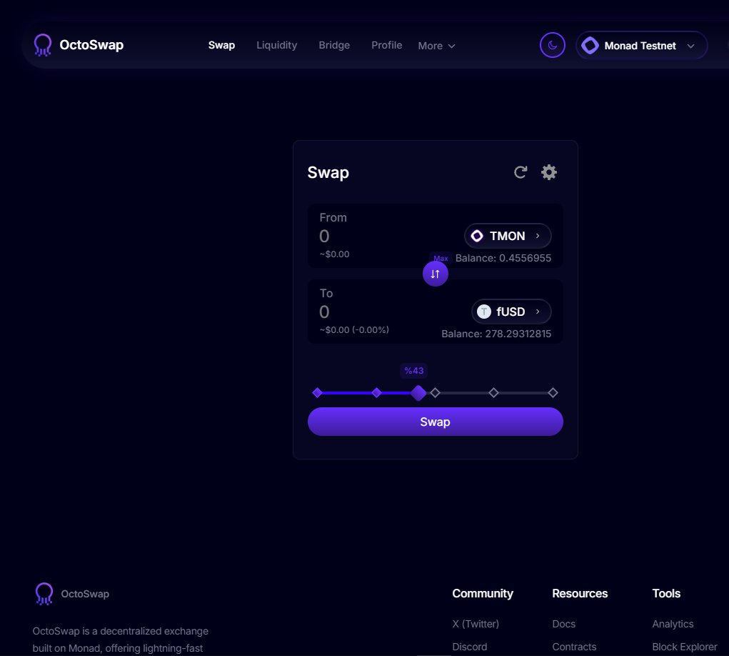 Sept1c1's tweet photo. Swaps for Monad testnet on Uniswap aren't working now. I use Octo: https://t.co/5MMi1F8l5F. 
You can import any token address, which is useful for me since I found a way to swap MON to FUSD for Fantasy. fMON contract: 0xBb444821e159dd6401bb92FB18C2Ac0A37113025
@OctoSwapDex https://t.co/dDN3L6MEFG