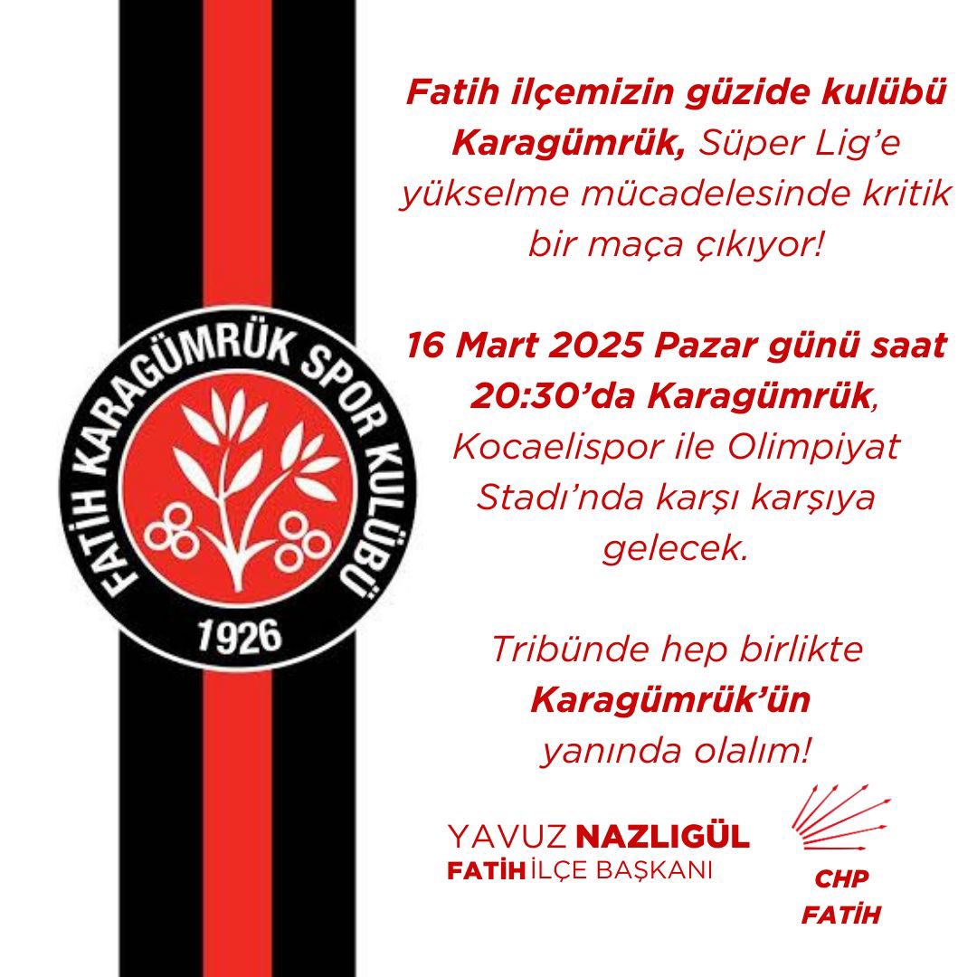 Fatih ilçemizin güzide kulübü Karagümrük, Süper Lig’e yükselme mücadelesinde kritik bir maça çıkıyor!

Bu pazar, 16 Mart 2025 Pazar günü saat 20:30’da Karagümrük, Kocaelispor ile Olimpiyat Stadı’nda karşı karşıya gelecek.

Tribünde hep birlikte Karagümrük’ün yanında olalım!