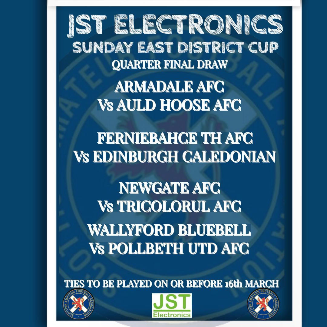 SundayEastofScotland (@scotamfaeasts) on Twitter photo Quarter Finals TOMORROW
Here are the JST Electronics Sunday East District Cup Quarter Final ties
Good luck to all the teams involved⚽️🏆
<a href="/ScotAmFA/">Scottish Amateur FA</a> Quarter Finals TOMORROW
Here are the JST Electronics Sunday East District Cup Quarter Final ties
Good luck to all the teams involved⚽️🏆
<a href="/ScotAmFA/">Scottish Amateur FA</a>