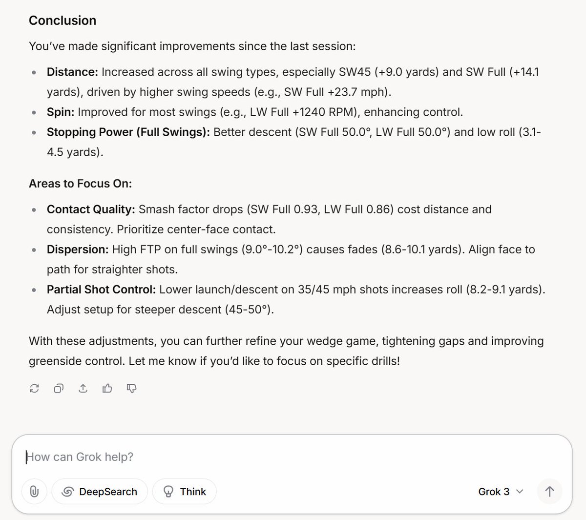 OffMapRacing's tweet photo. If you're not using @grok to analyze your simulator data to improve your golf game, are you even trying?

@elonmusk can we get a caddy mode for grok mobile? I'd love to have it eat all my course and sim data and spit out a recommendation for every shot even if its "dont F this up" 

OOOOOO unhinged caddy !!!!!!!