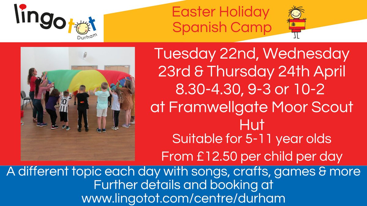 lingotot_durham's tweet image. Just in case you missed the news, our Easter holiday camps are now available to book. We&apos;ll have all the usual fun of songs, games, crafts, team challenges and outdoor play. #holidayactivities #whatsonforkids #whatsonindurham #mflforkids #spanishforkids #holidaychildcare