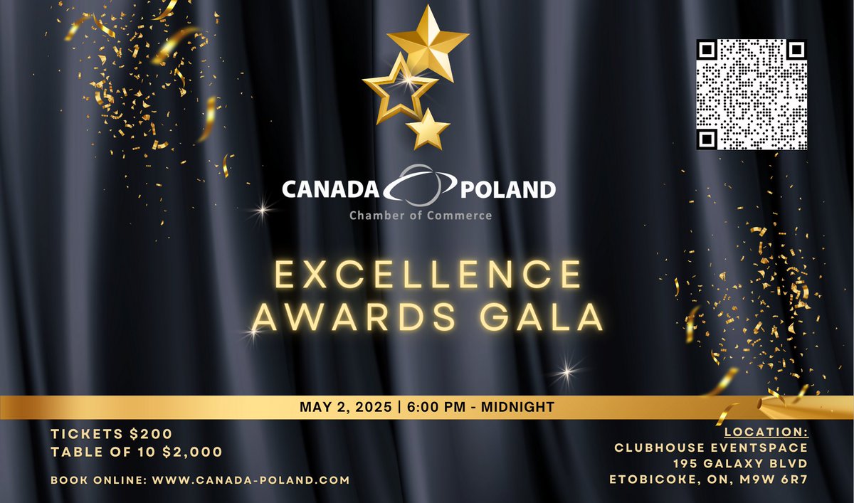 Join us on May 2, for CPCC Excellence Awards Gala! From 6:00 PM to midnight, we’ll celebrate outstanding businesses and individuals driving excellence in our community, with guests from Canada, Poland and other EU countries. Purchase tickets or tables: vist.ly/3mxdstw