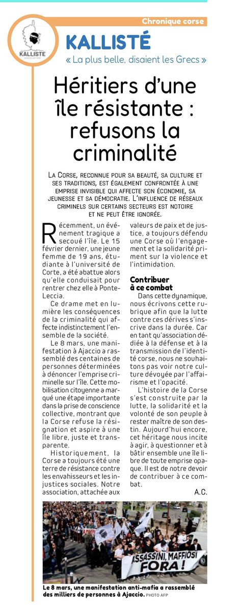Dernière rubrique de @associatio20137 dans <a href="/lamarsweb/">La Marseillaise</a> 
L’histoire de la corse s’est construite par la lutte et la volonté de son peuple à rester maître de son destin. Cet héritage incite à agir et construire une île libre de toute emprise opaque.