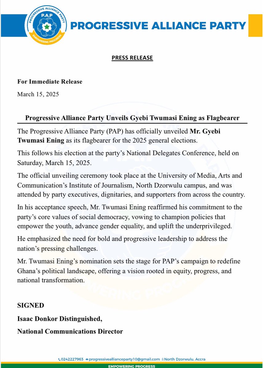 🗣Gyebi Twumasi Ening unveiled as flagbearer for Progressive Alliance Party🥳
#EmpoweringProgress
#HopeIsHere
#GhanaPolitics