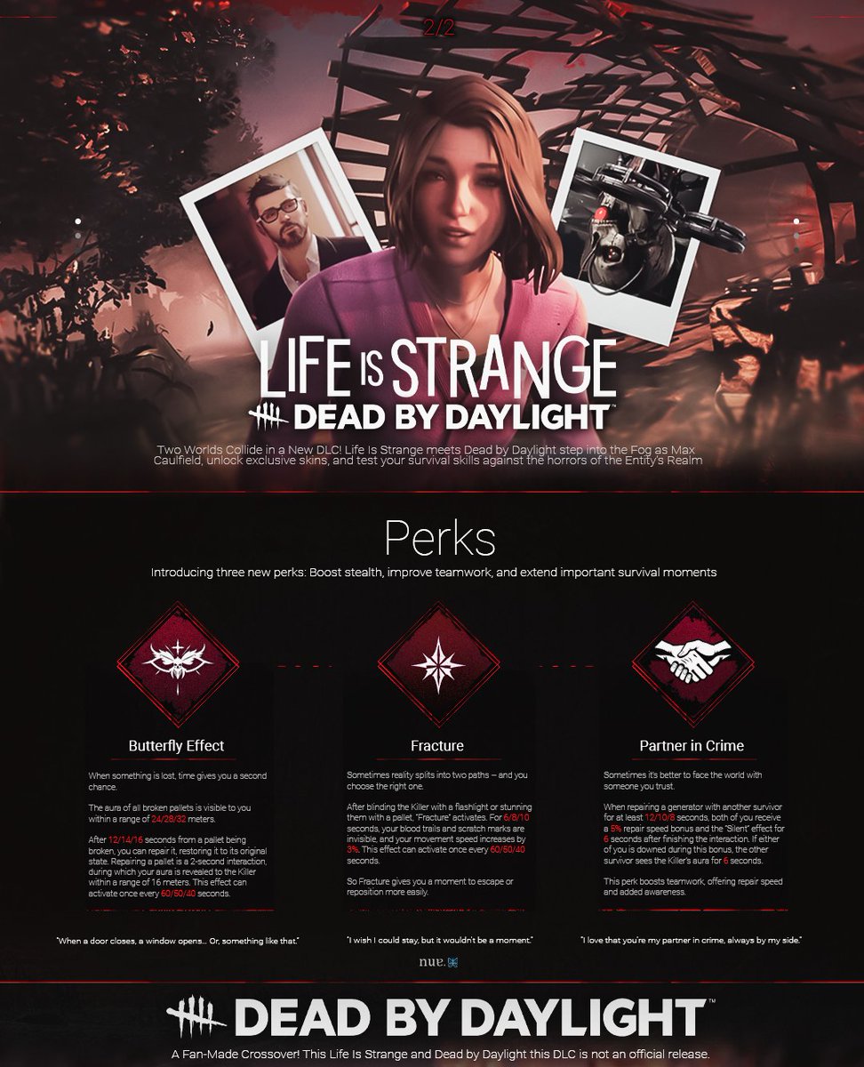 #MaxCaulfield (#LifeisStrange) found herself in the Entity’s realm (#DeadbyDaylight), stripped of her powers but given three abilities to help her survive. What she doesn’t know is that the Entity has brought someone else… the one who ruined her life (#MarkJefferson)