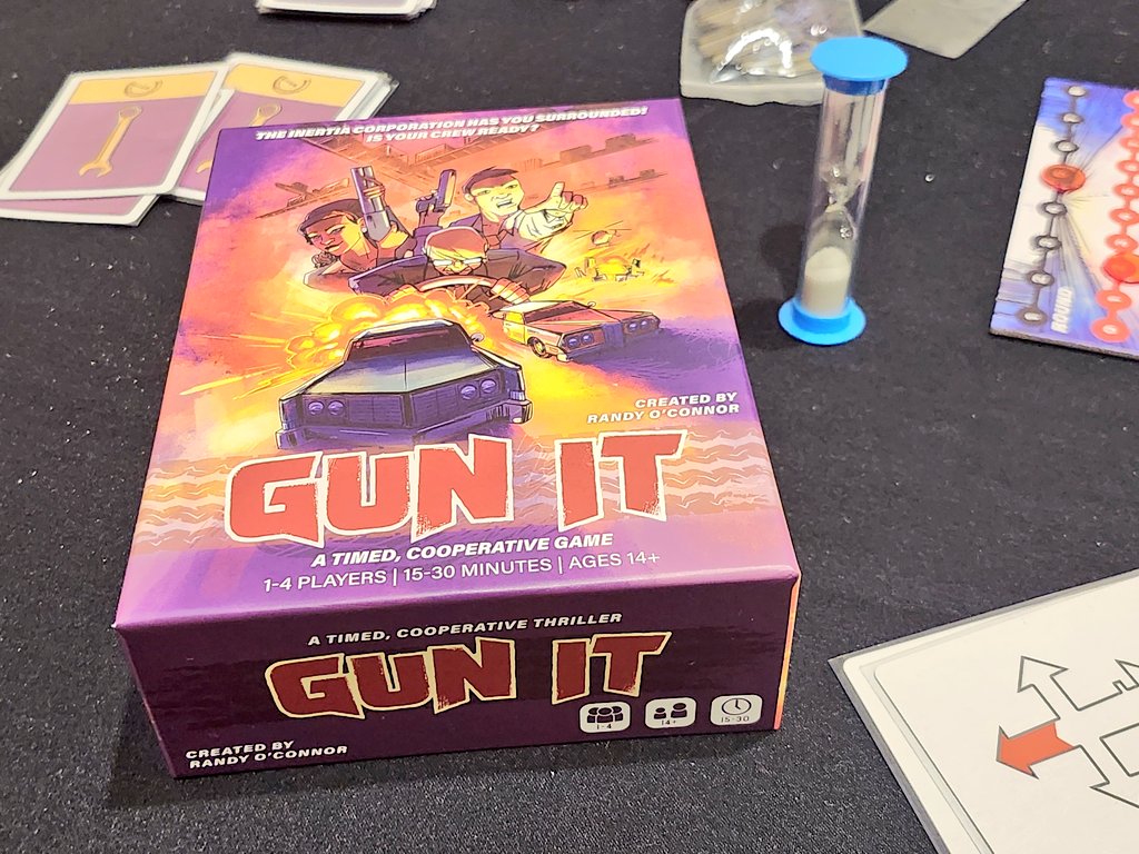 Day 1 of <a href="/BreakoutCon/">Breakout Con</a> ended with a couple of games of Gun It. 

Thematically it's the car chase scene from every movie. 

Mechanically it's a real time co-op where you need to plan everybody's moves in 30 seconds.  

I should hate it, but I don't.  It's a fun little filler.